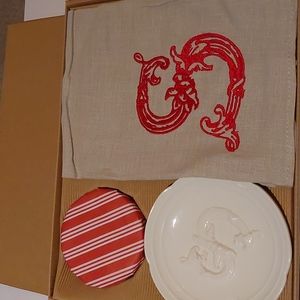 MudPie Initial Handtowel, Soap and Soap dish.  In original box - some stains.